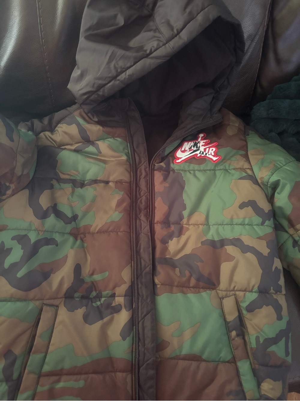 Jordan Nike Air Kids' Camo Puffer Jacket - Green/Brown/Black - Large 12-13